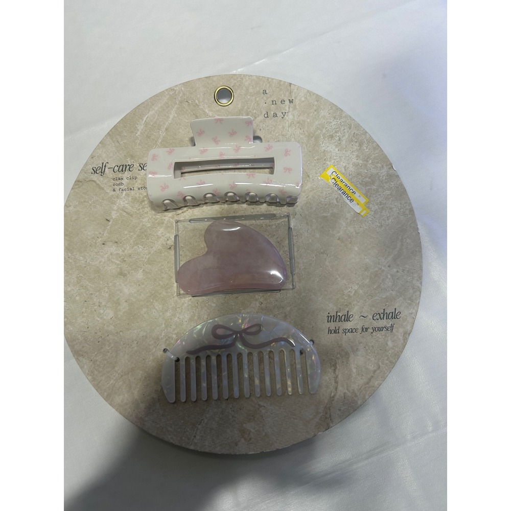 A New Day Self-Care Set Claw Clip Gua Sha Facial Stone Hair Comb Pink Bows NWT